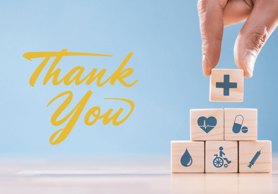Thank you from Southeast Insurance, next to a pyramid of blocks with health symbols.